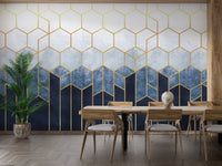 Blue & gold hexagonal pattern mural for walls
