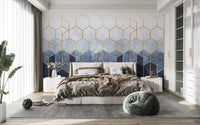 Blue & gold hexagonal geometric wallpaper mural
