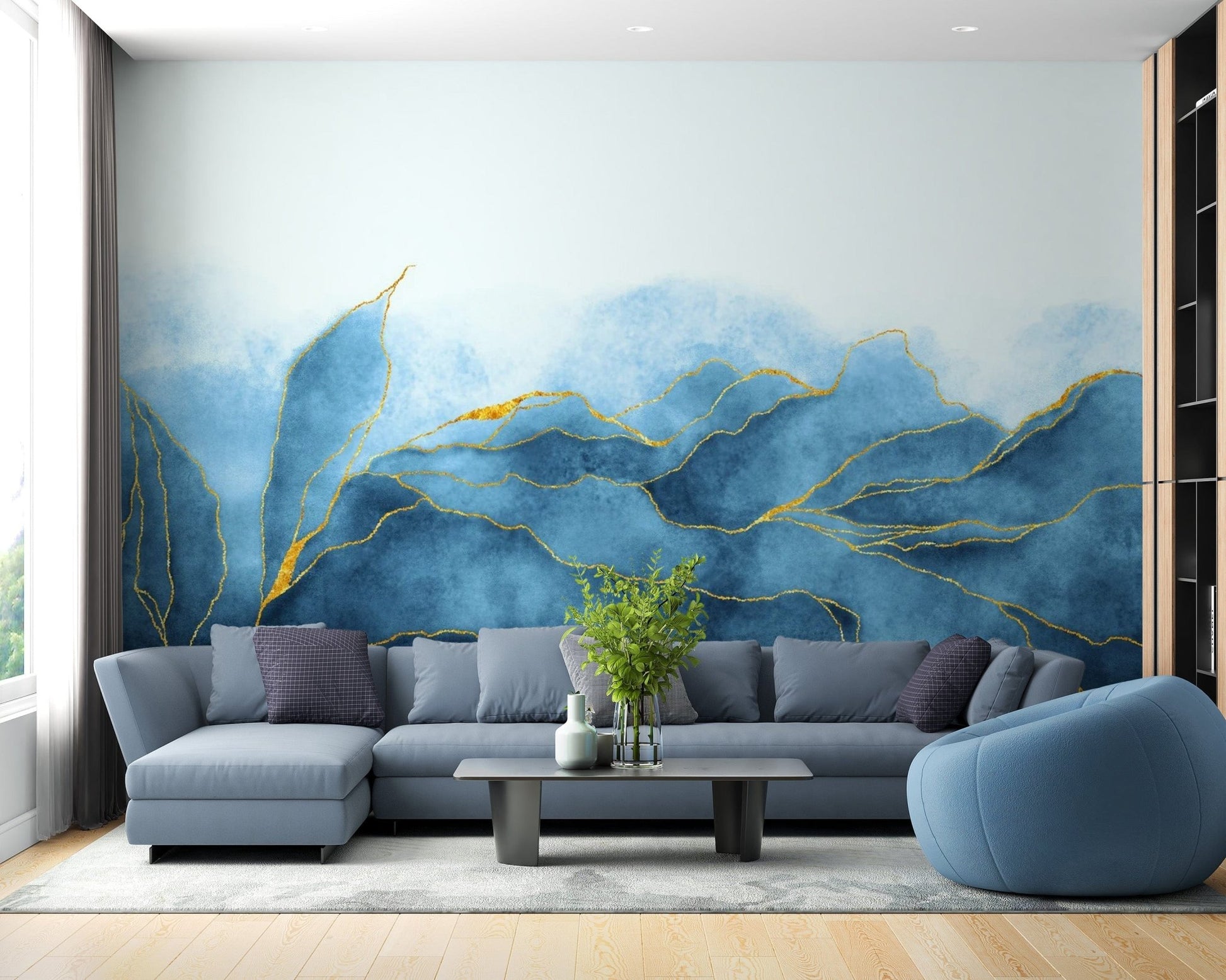 Abstract watercolor wallpaper in blue and gold tones.