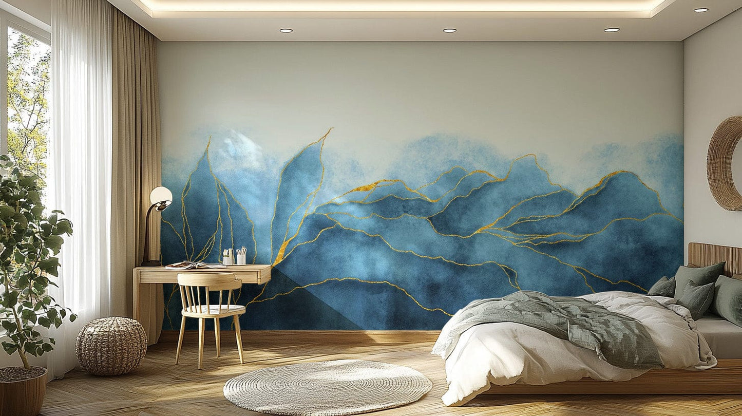 Artistic watercolor wallpaper featuring blue and gold hues.