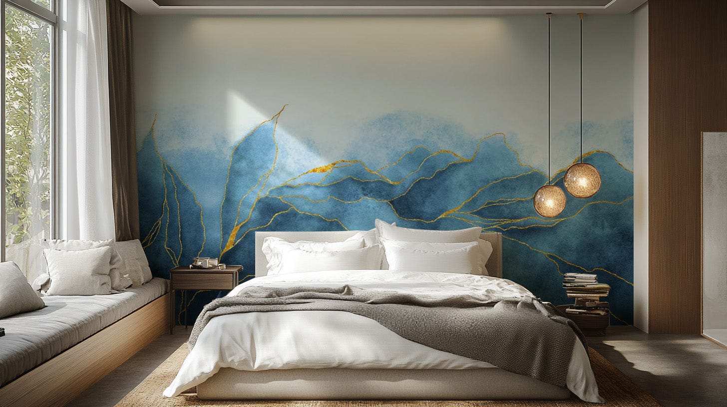 Blue Gold Watercolor Wallpaper Mural - Giffywalls