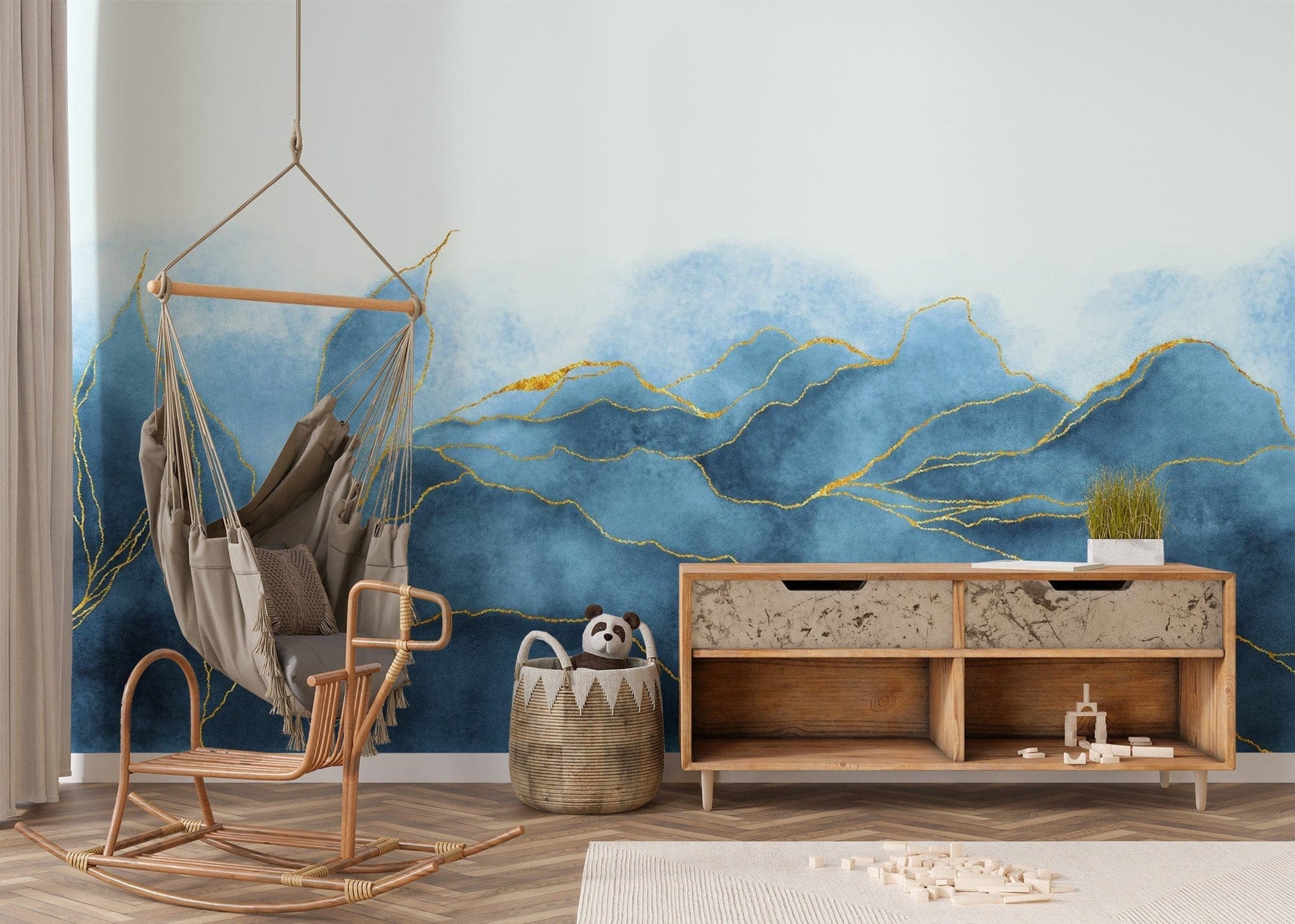 Blue Gold Watercolor Wallpaper Mural - Giffywalls