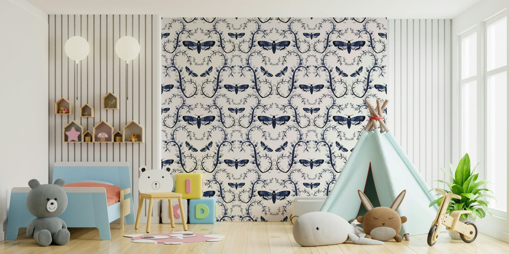 Artistic wallpaper with hand-drawn moths and blue vine detailing.

