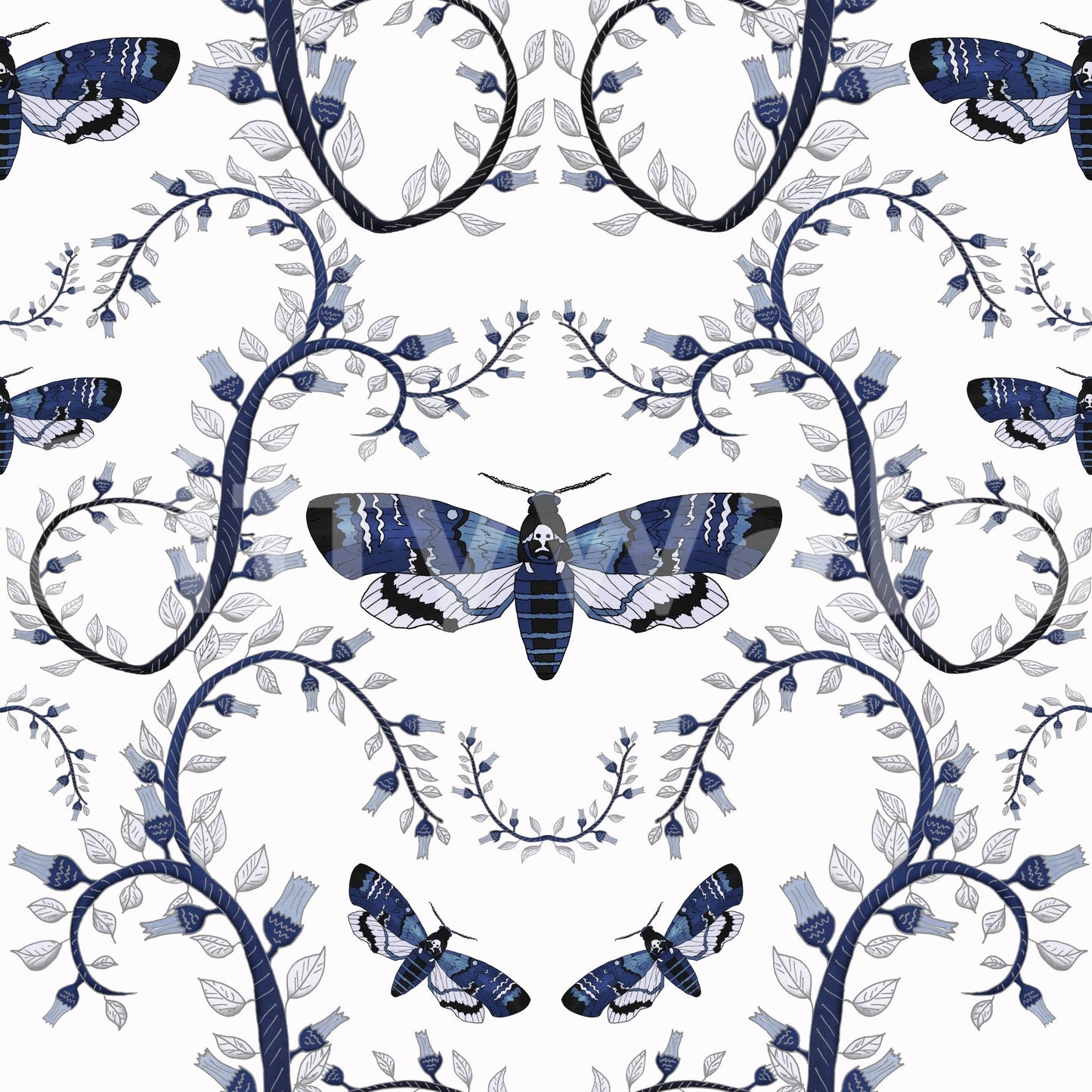 Wallpaper with dark floral vines and haunting blue moths.

