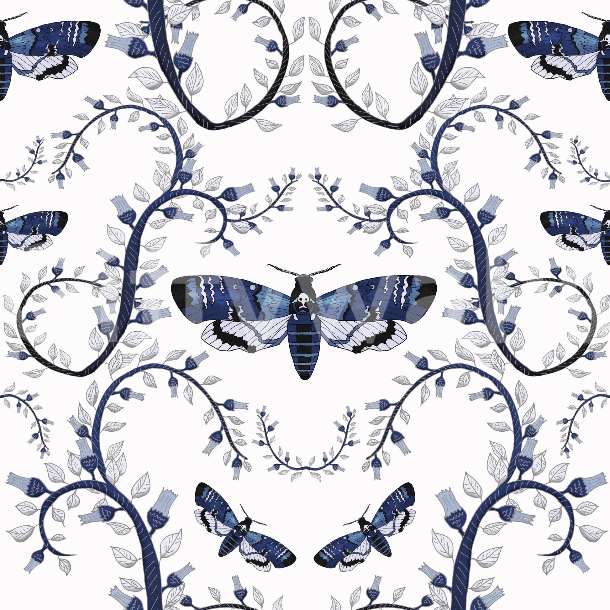 Wallpaper with dark floral vines and haunting blue moths.

