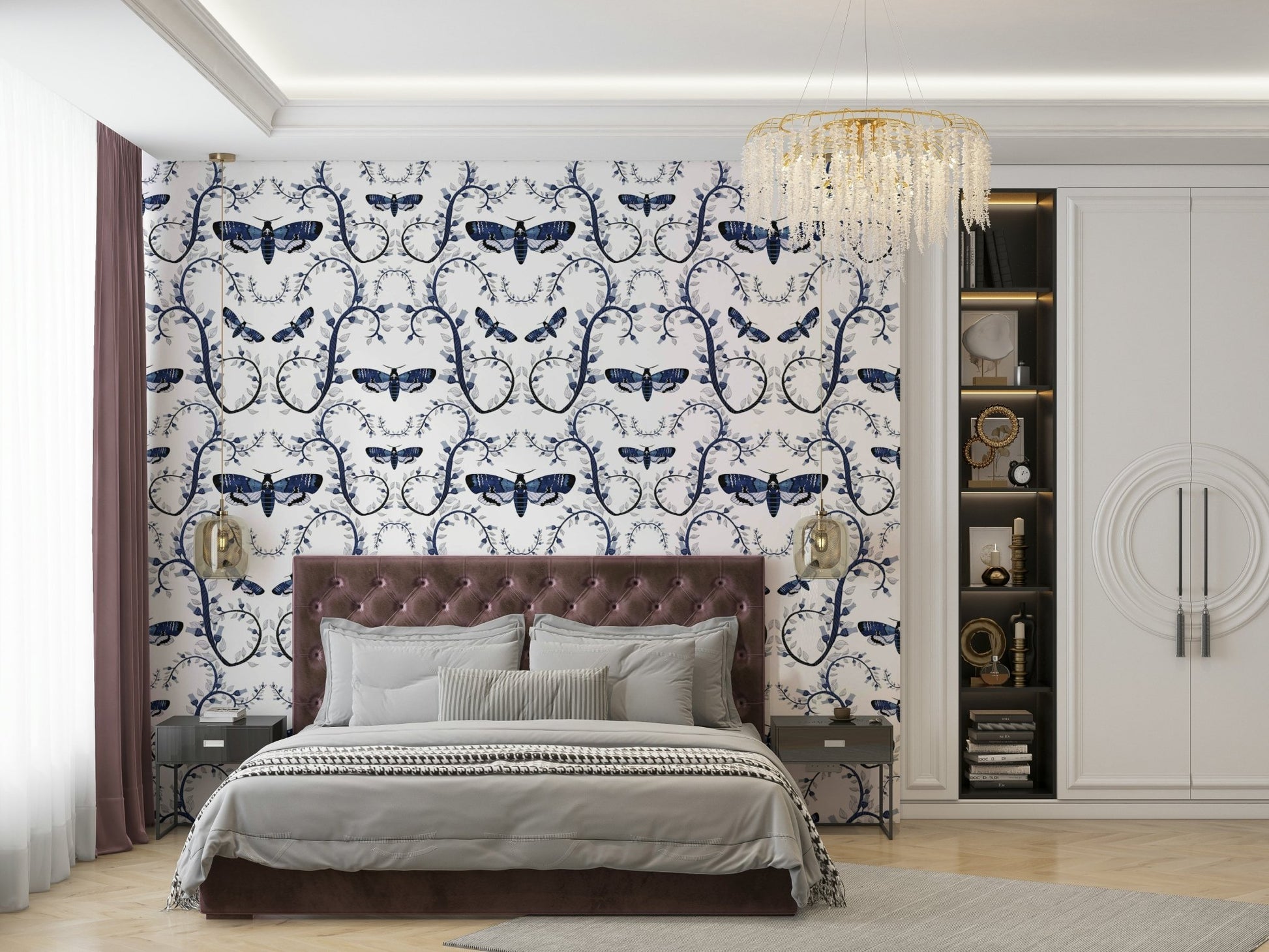 Bold wallpaper featuring moth silhouettes in moody blue hues.

