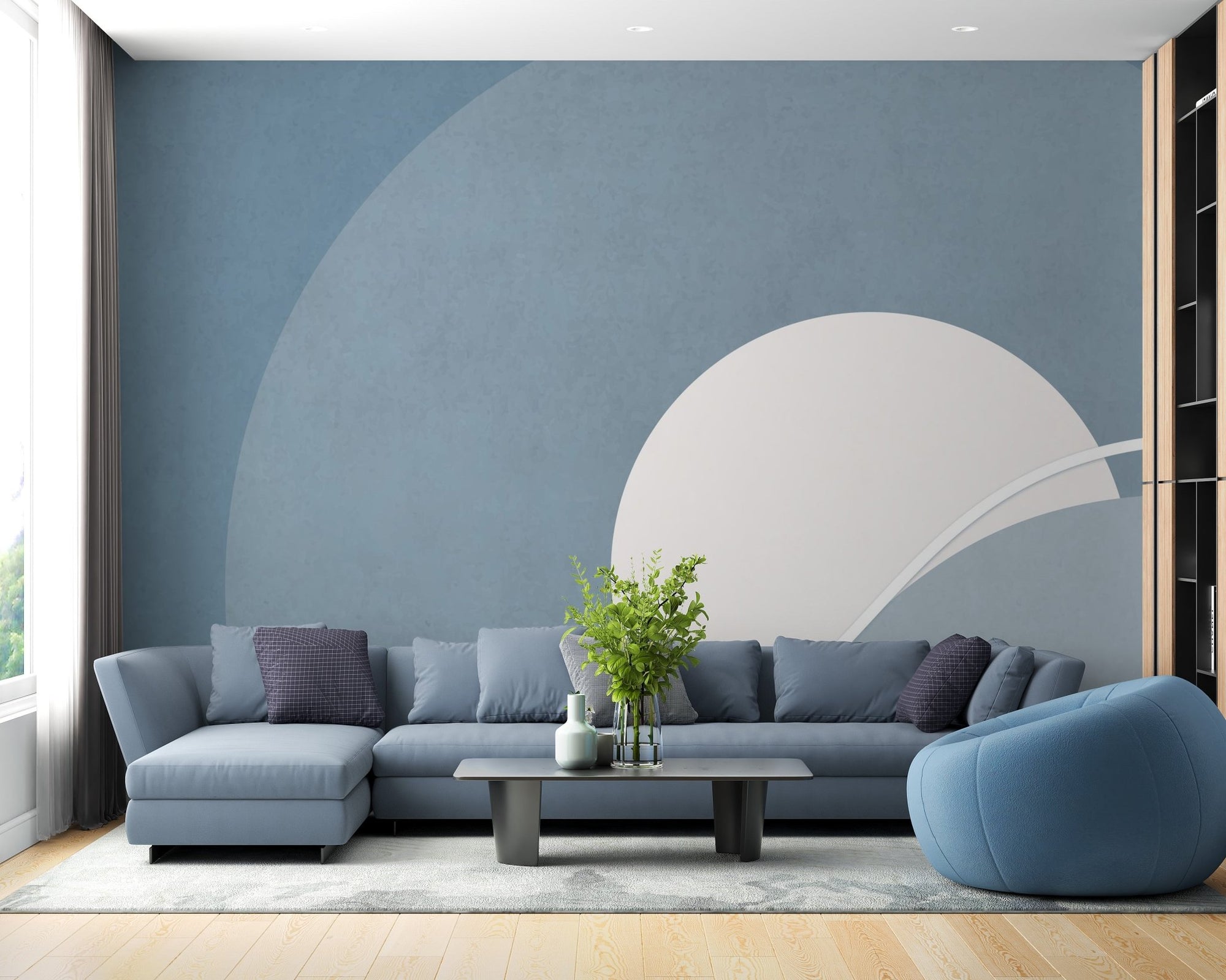 Elegant blue and gray concentric mural design A245
