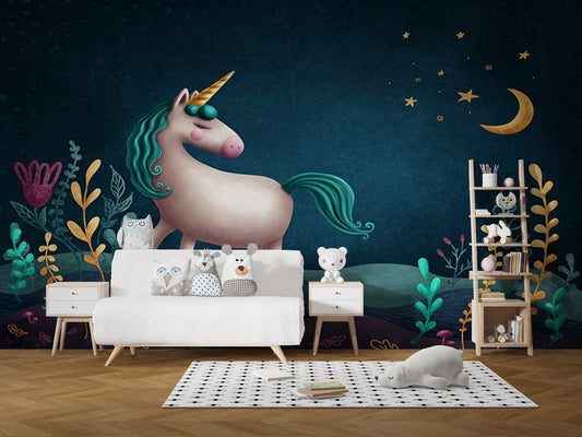 Blue & Green Night Unicorn Kids Nursery Wallpaper Mural A219
