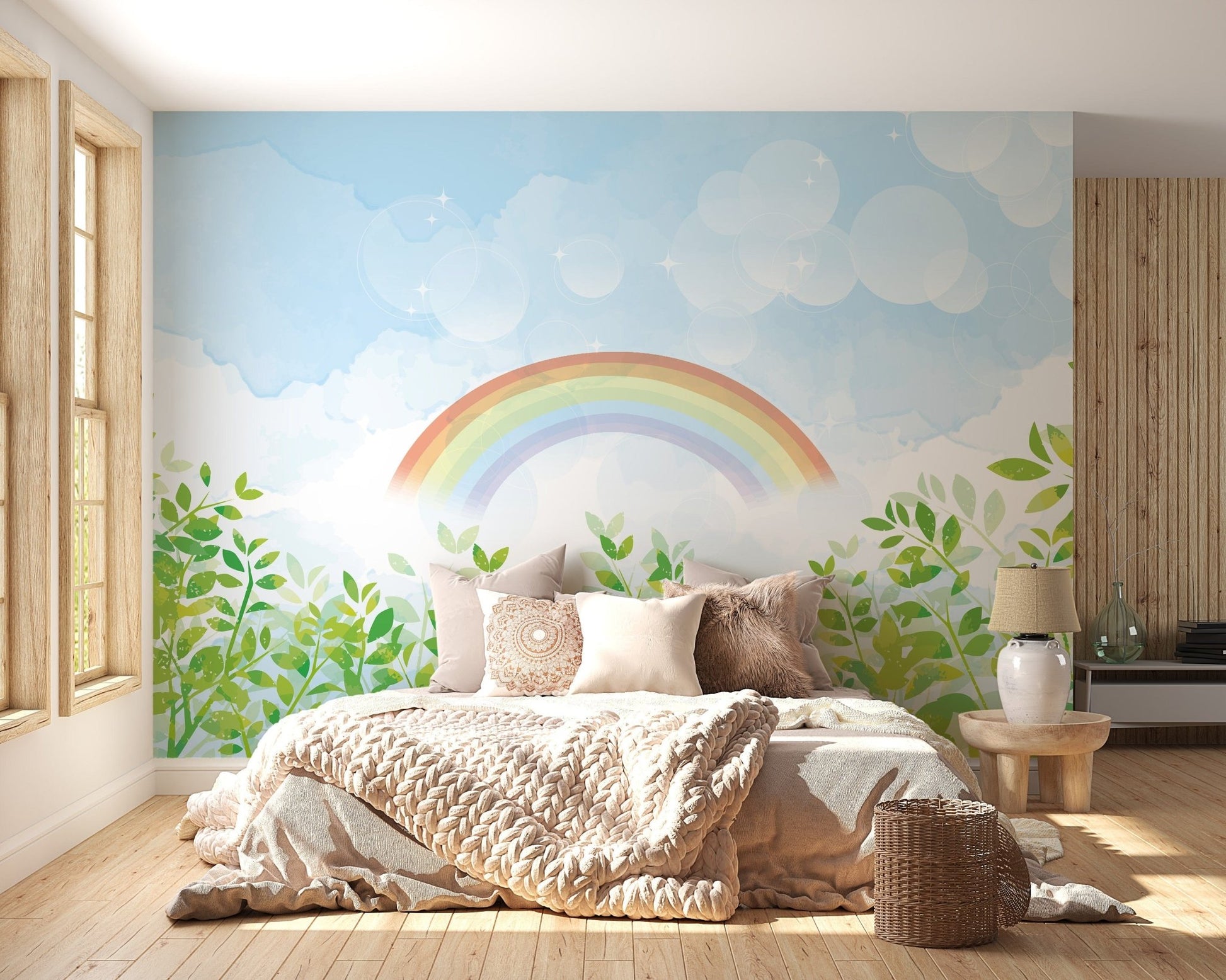Blue & Green Watercolor Rainbow Kids Wall Mural - Giffywalls