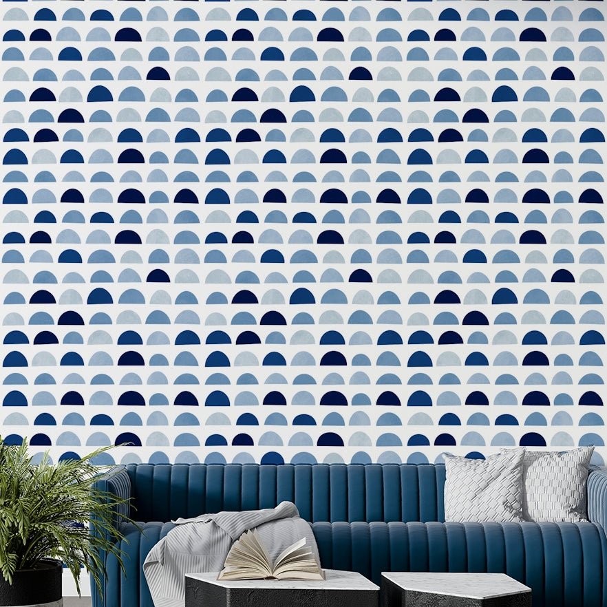 A sample swatch of the Blue Half Moons wallpaper.

