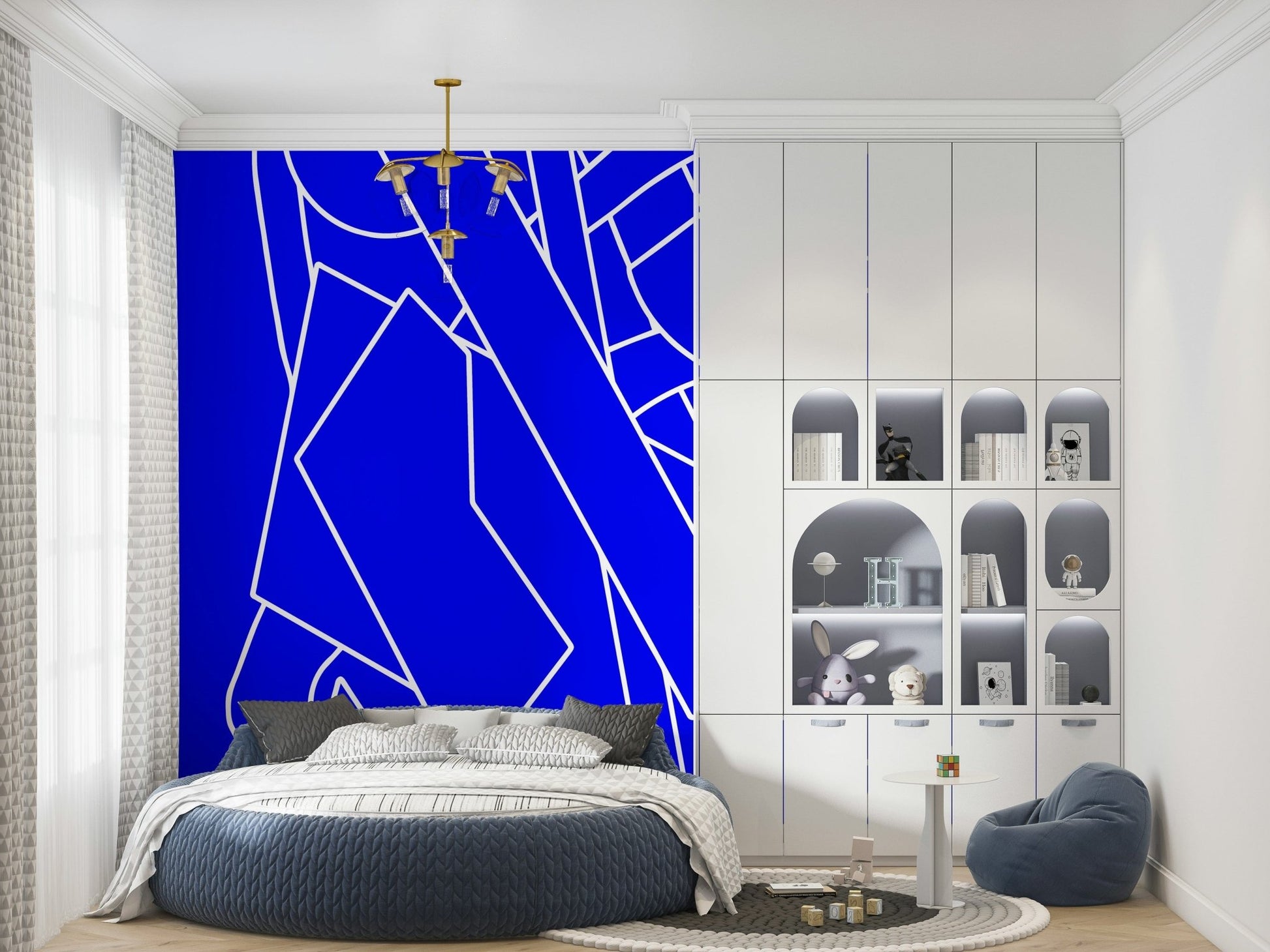 A peaceful modern abstract mural on decorative wallpaper.