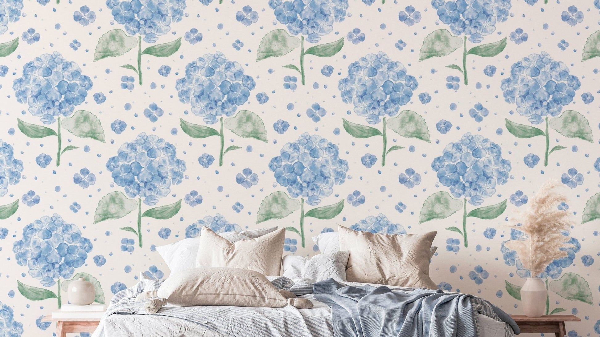 Delicate blue hydrangea mural for a soft and airy floral vibe. RNM48
