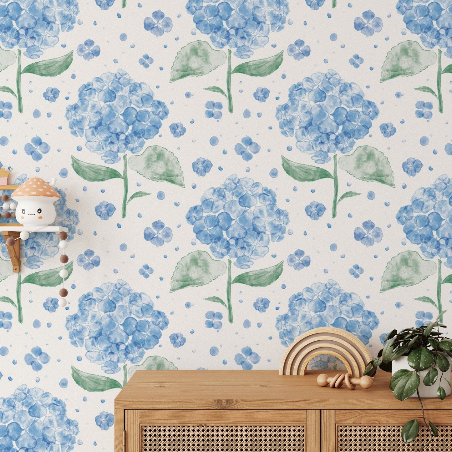 Artistic blue hydrangea in the air wallpaper for unique wall accents. RNM48
