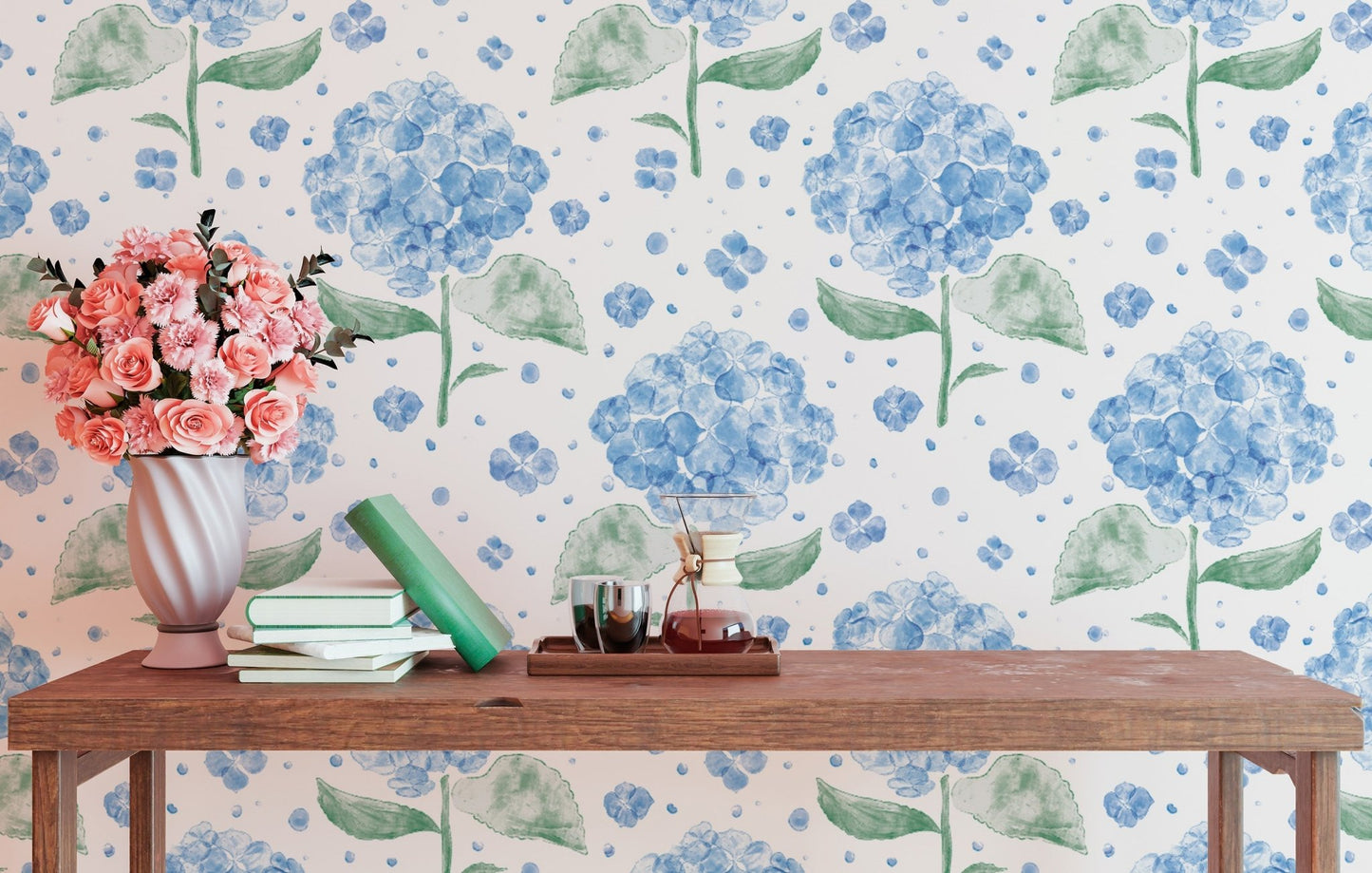 Sophisticated blue hydrangea mural for modern, nature-inspired decor. RNM48