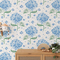 Elegant blue hydrangea in the air wallpaper for serene interiors. RNM48