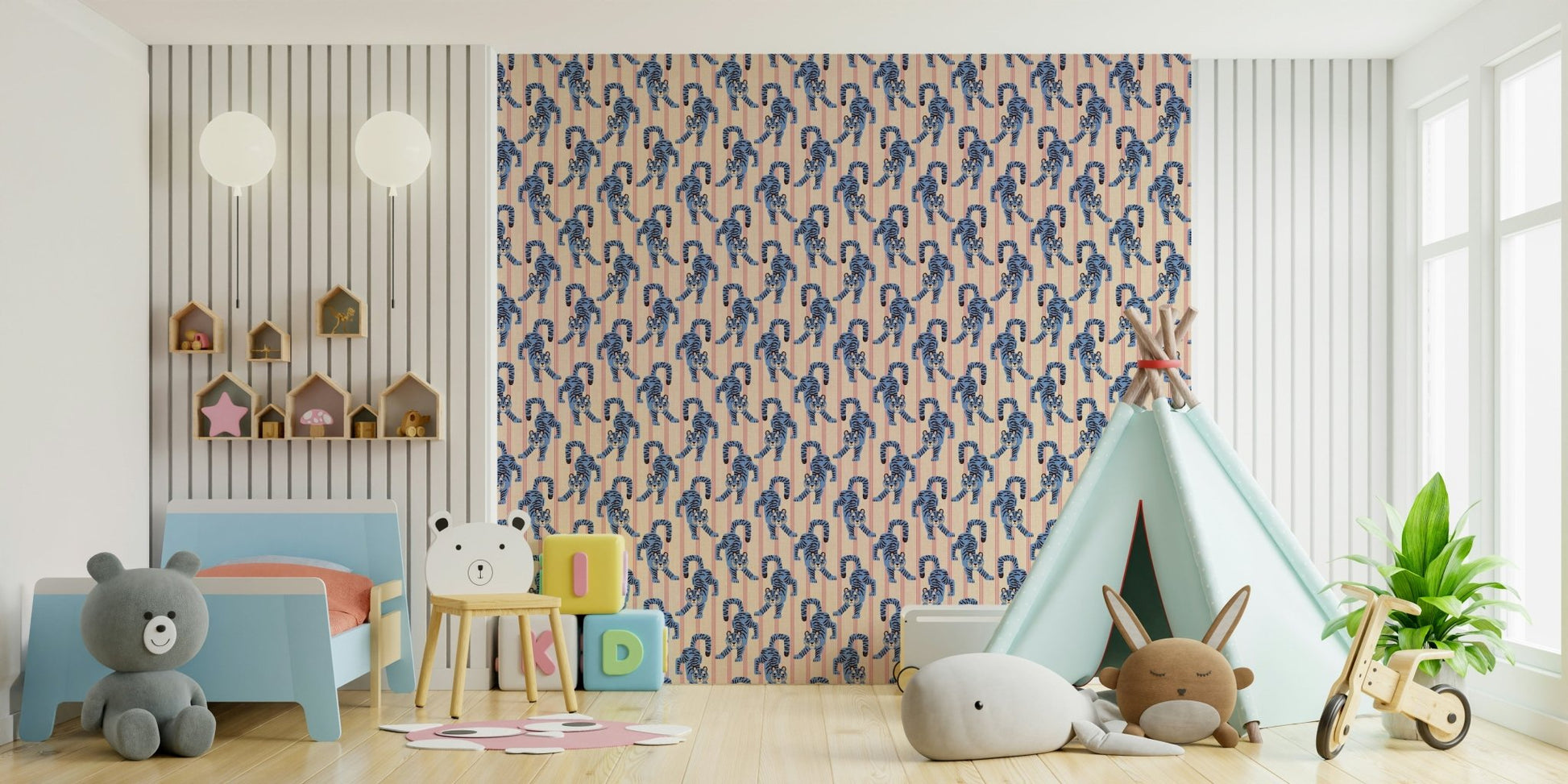 Unique blue wallpaper with tiger motifs

