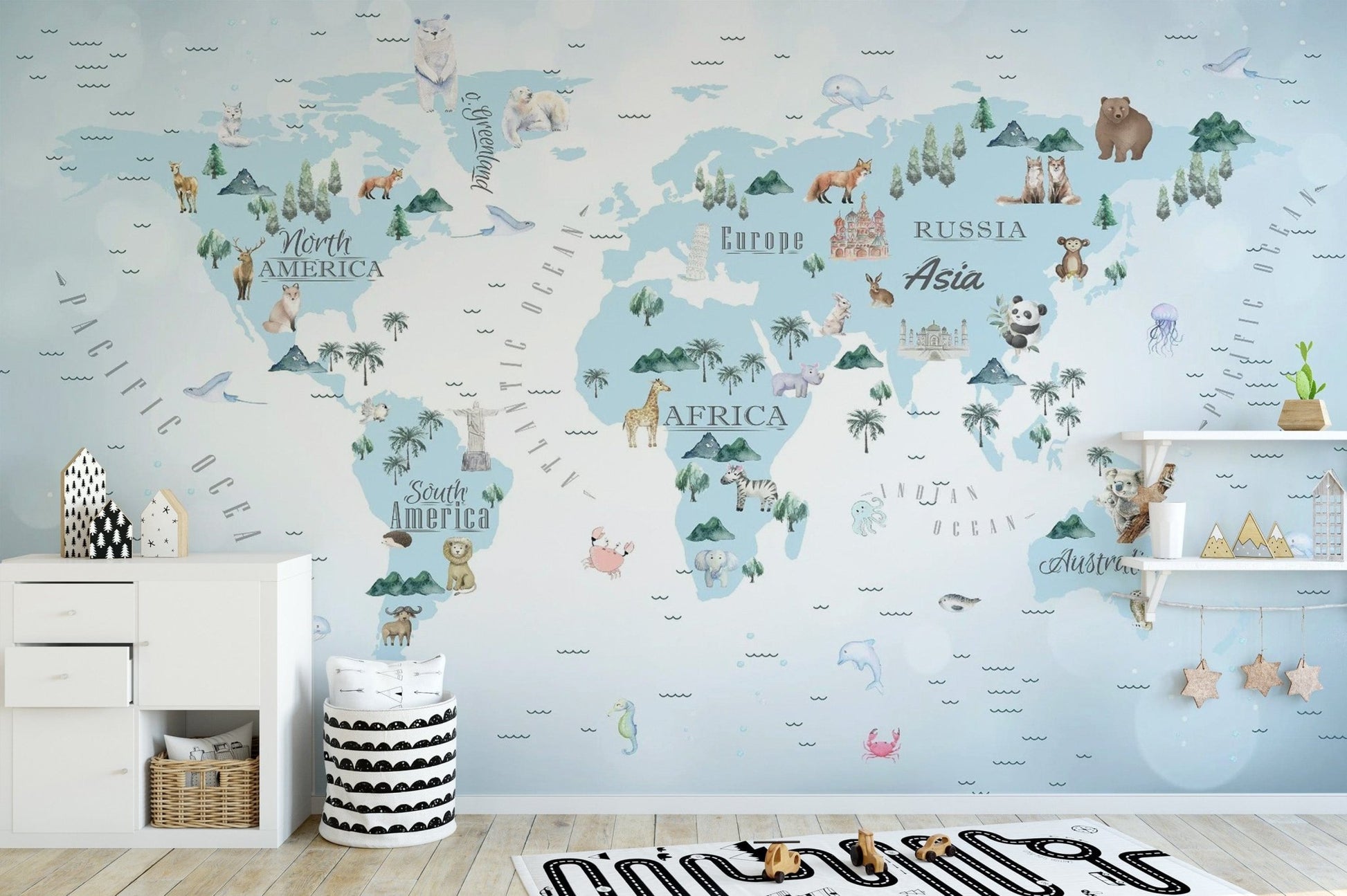 Kids world map wallpaper with animals in blue
