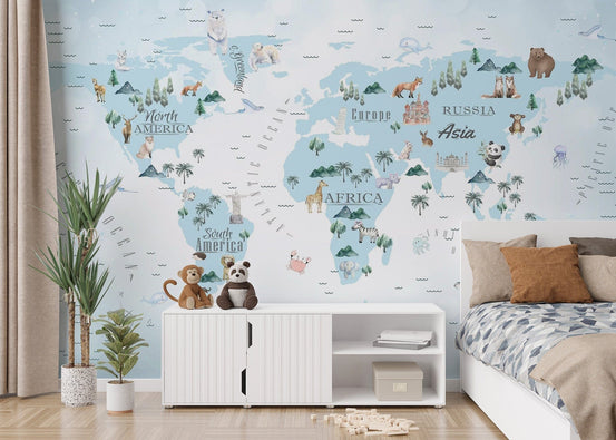 Blue kids room world map wallpaper murals map-14
 