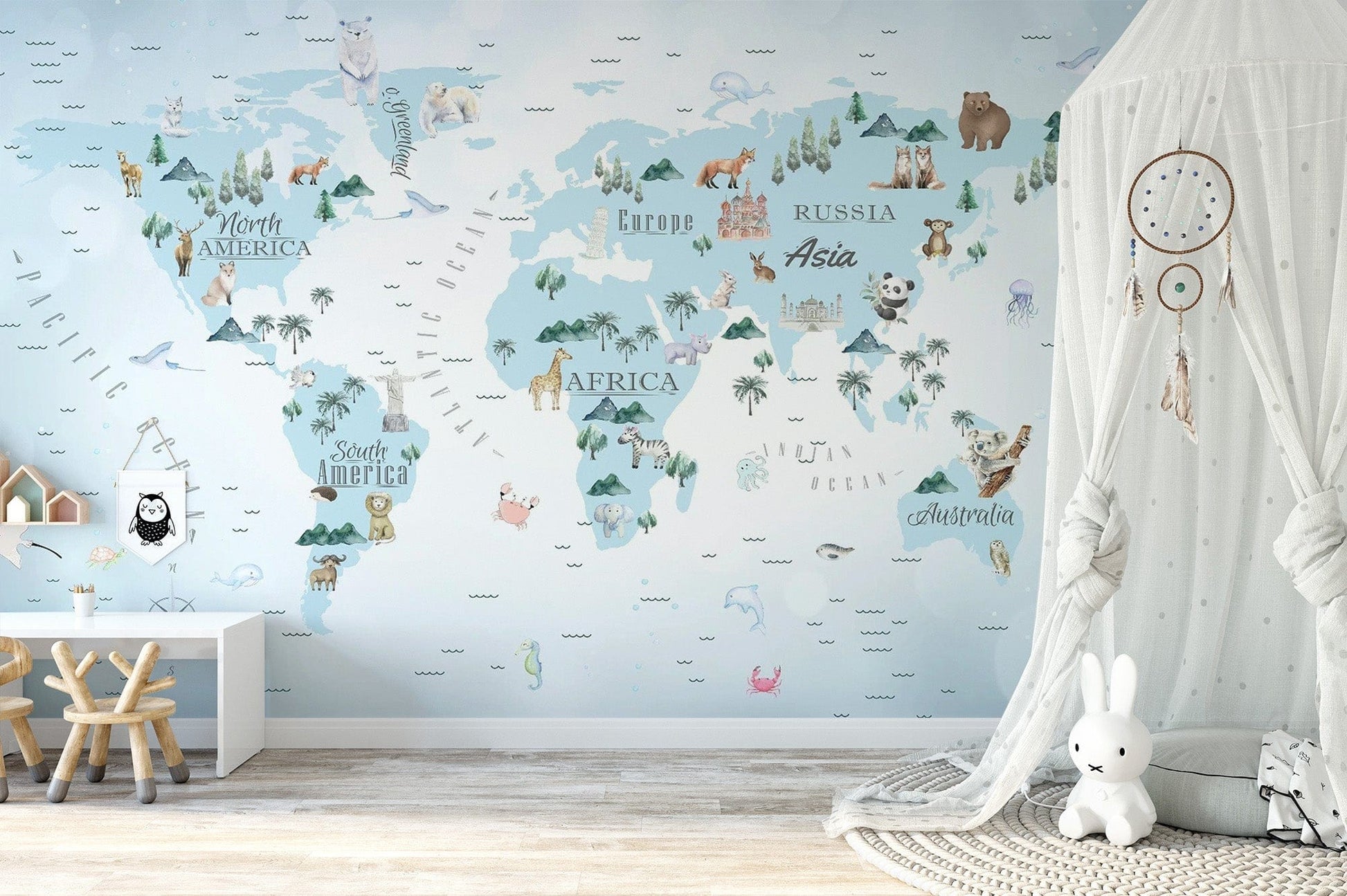 Nursery world map murals in soothing blue
