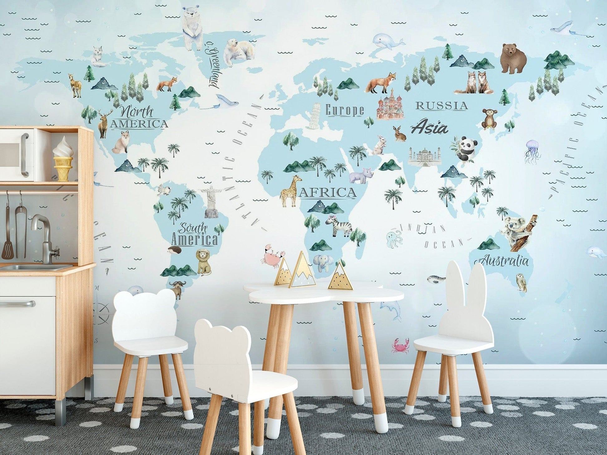 Animal-themed blue map wallpaper for kids

