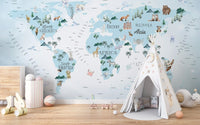 Blue Kids Room World Map Wallpaper Murals - Giffywalls