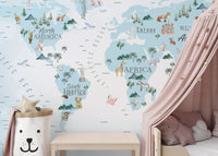 Blue Kids Room World Map Wallpaper Murals - Giffywalls