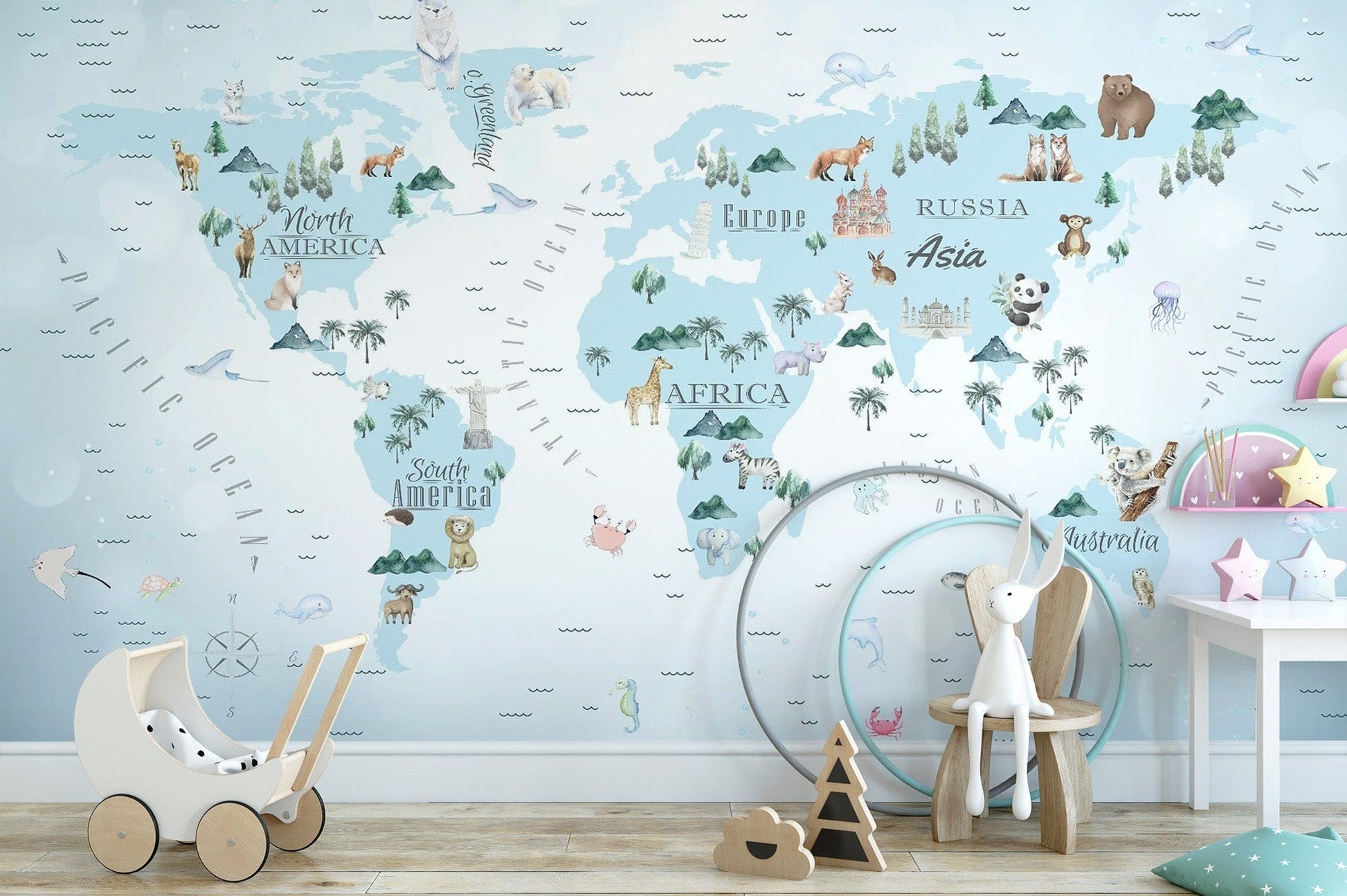 Blue nursery wallpaper world map mural design
