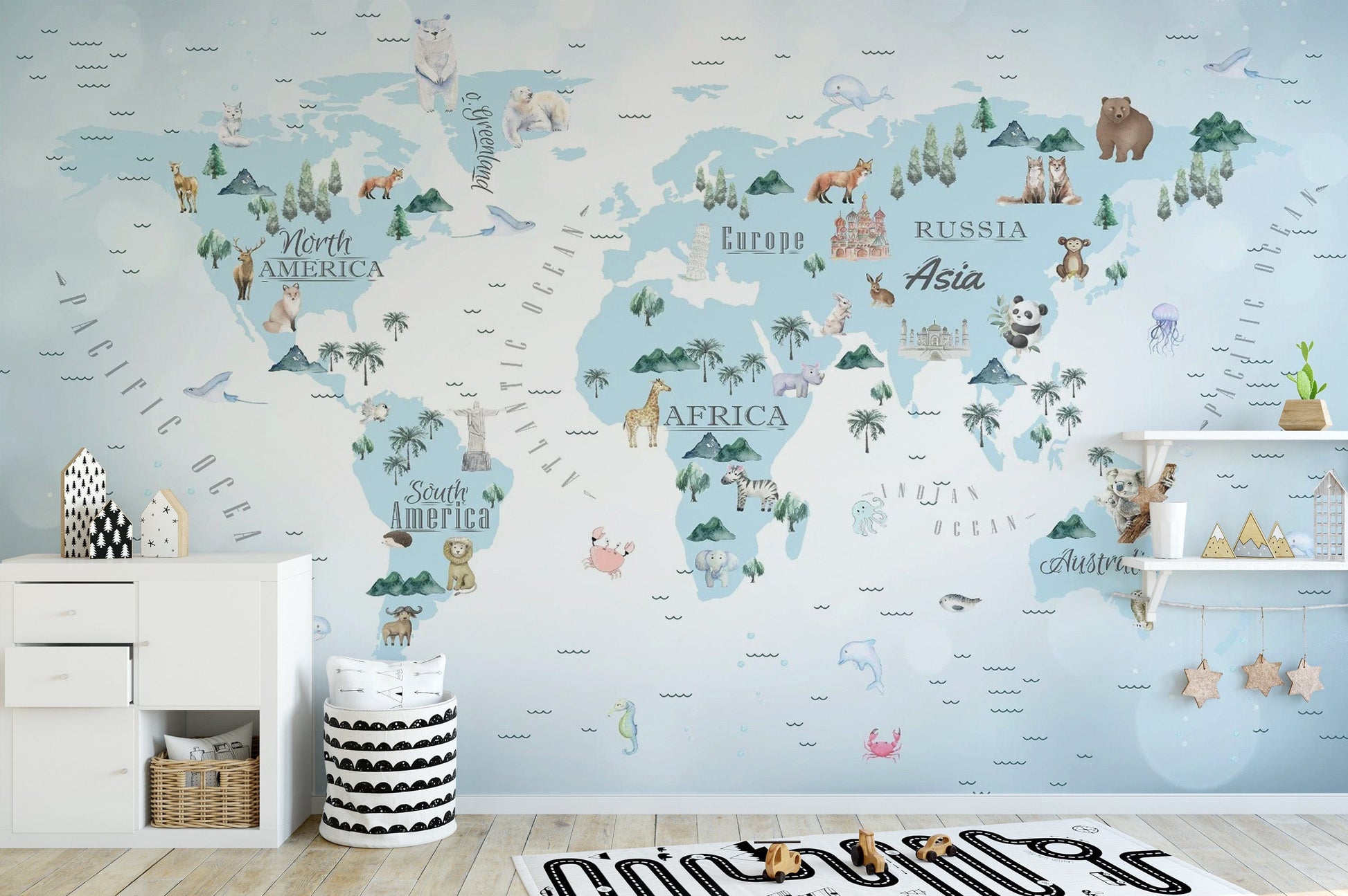Kids world map wallpaper with animals in blue
