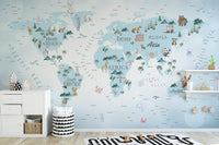 Kids world map wallpaper with animals in blue

