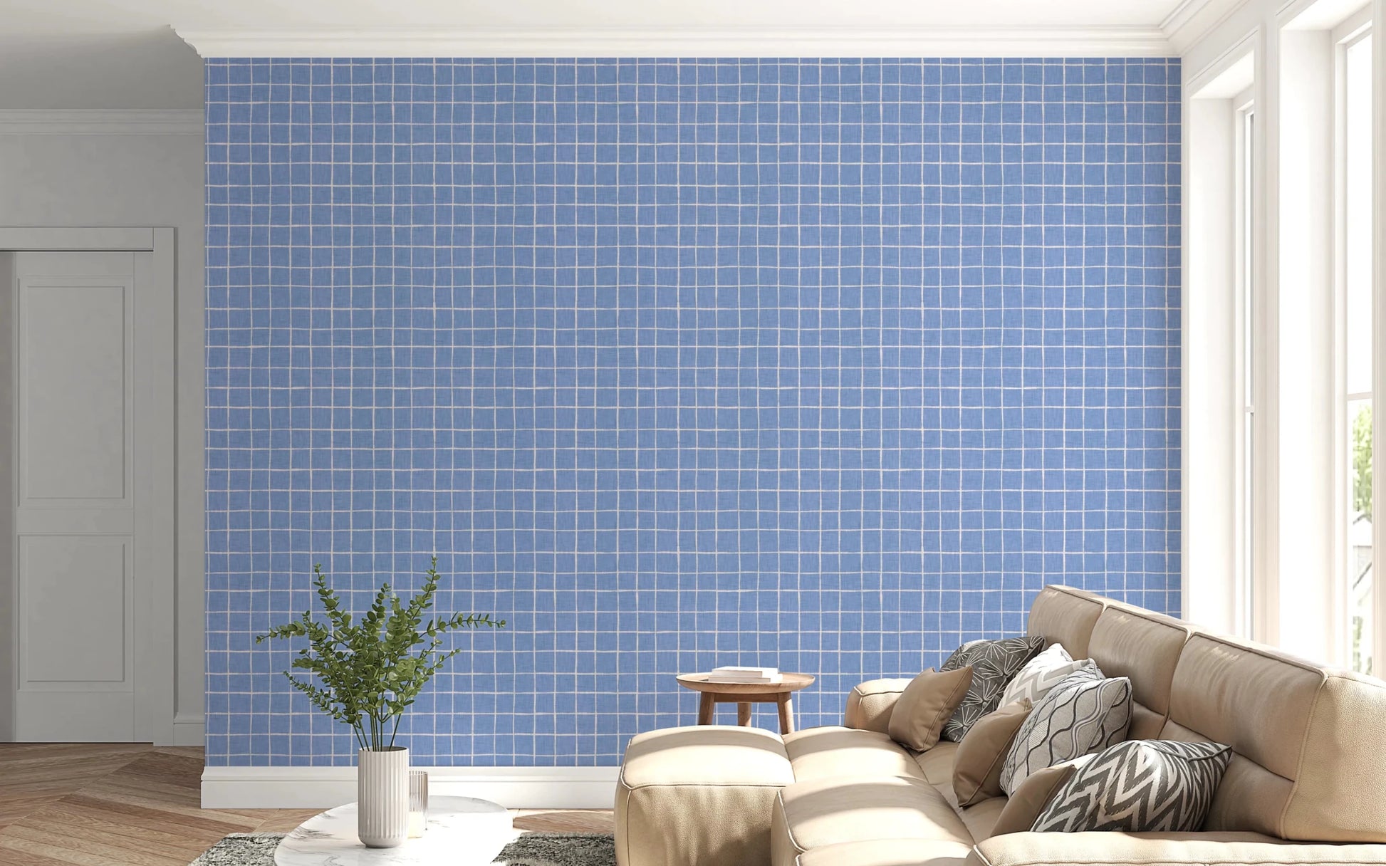 Simple blue and white grid wallpaper for living room.
