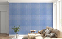 Simple blue and white grid wallpaper for living room.