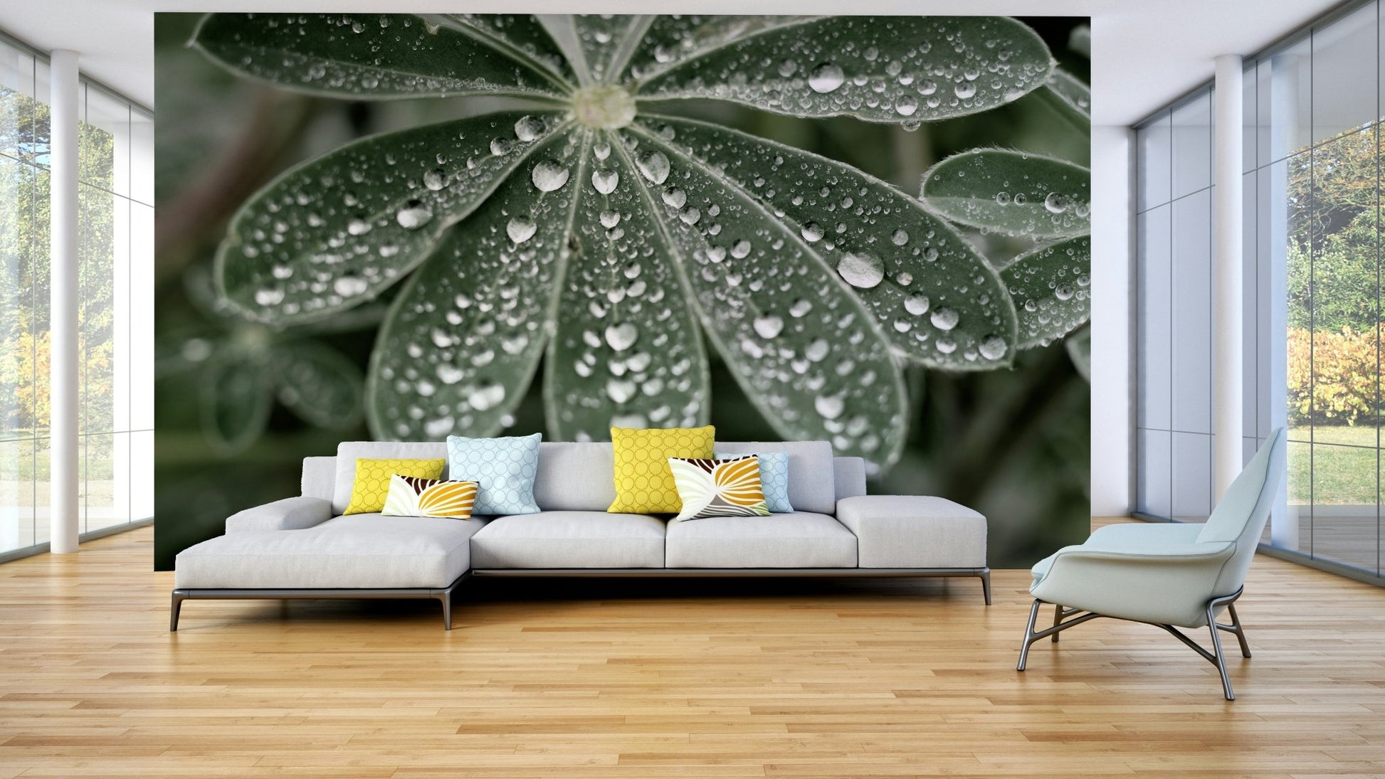 An artistic blue lupine mural on minimalist wallpaper.

