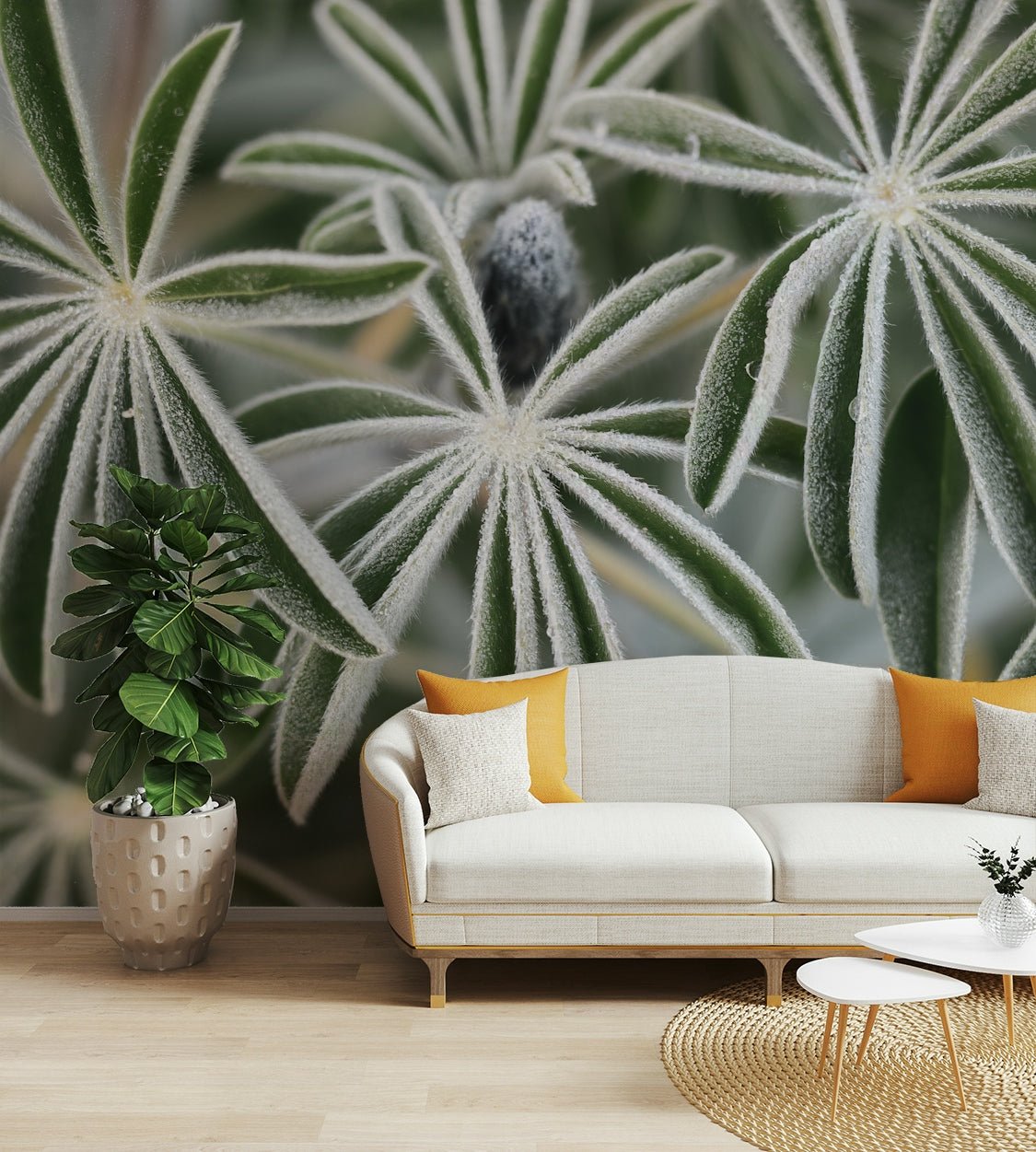 A beautiful serene floral wallpaper mural with blue lupines.

