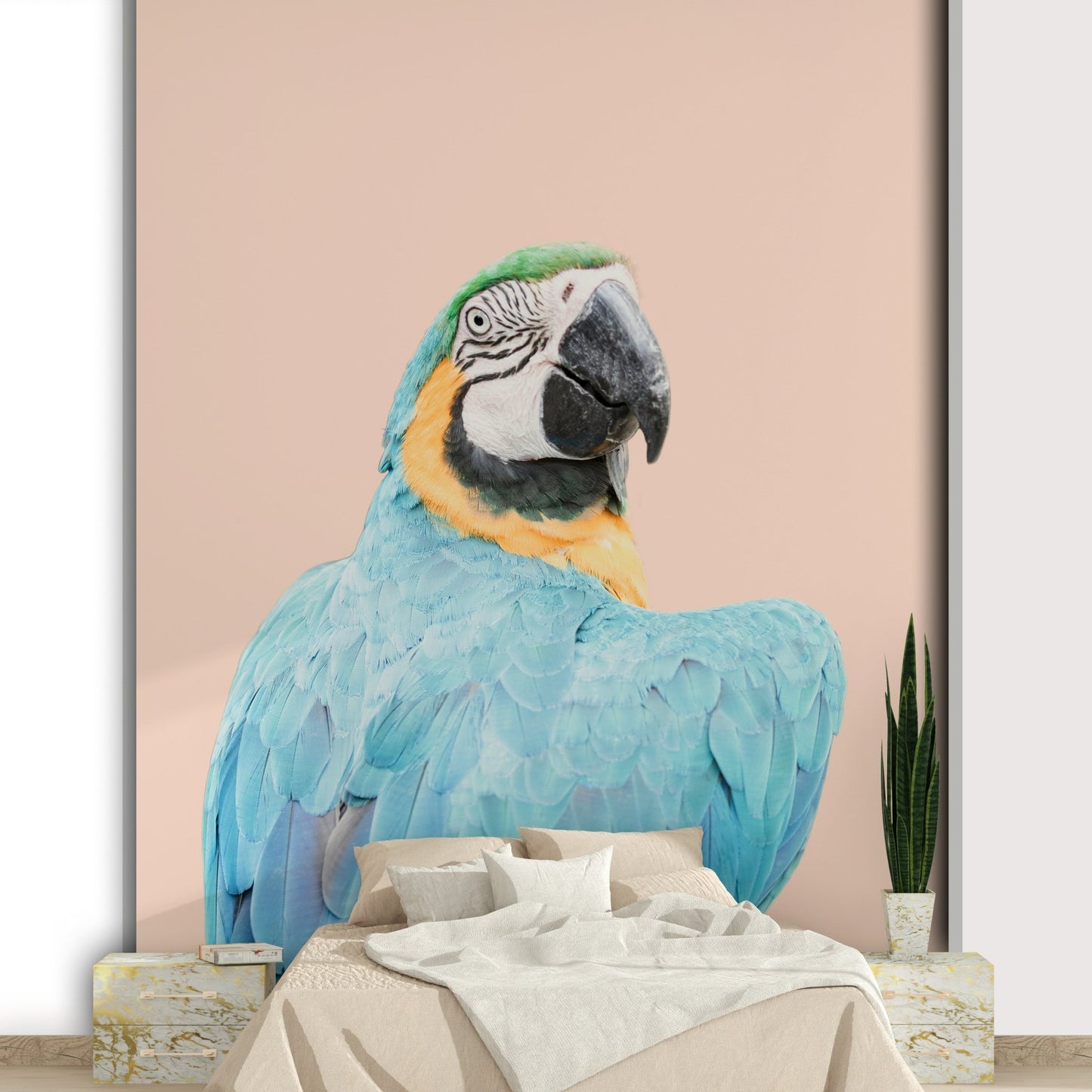 Colorful wall mural with detailed blue macaw design

