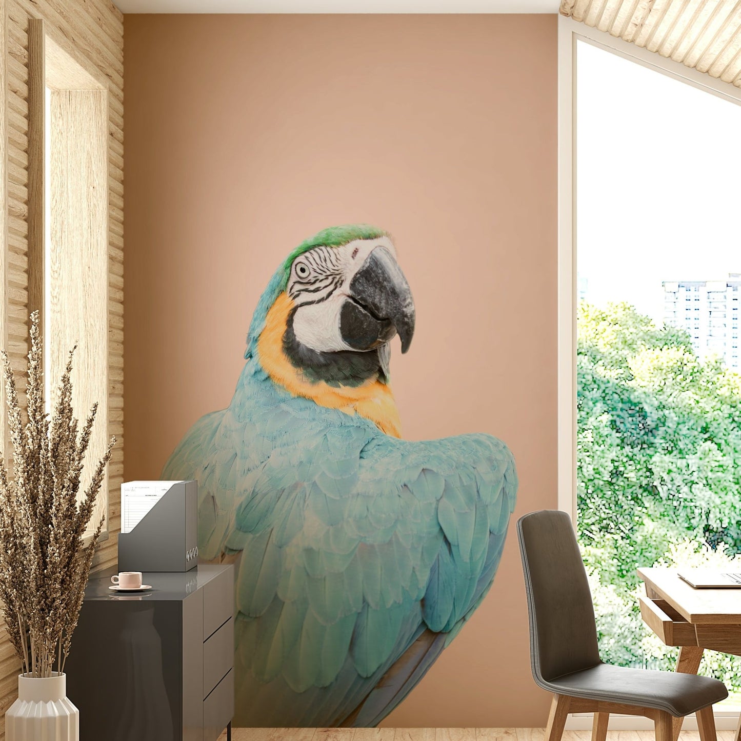Decorative mural with majestic blue macaw artwork

