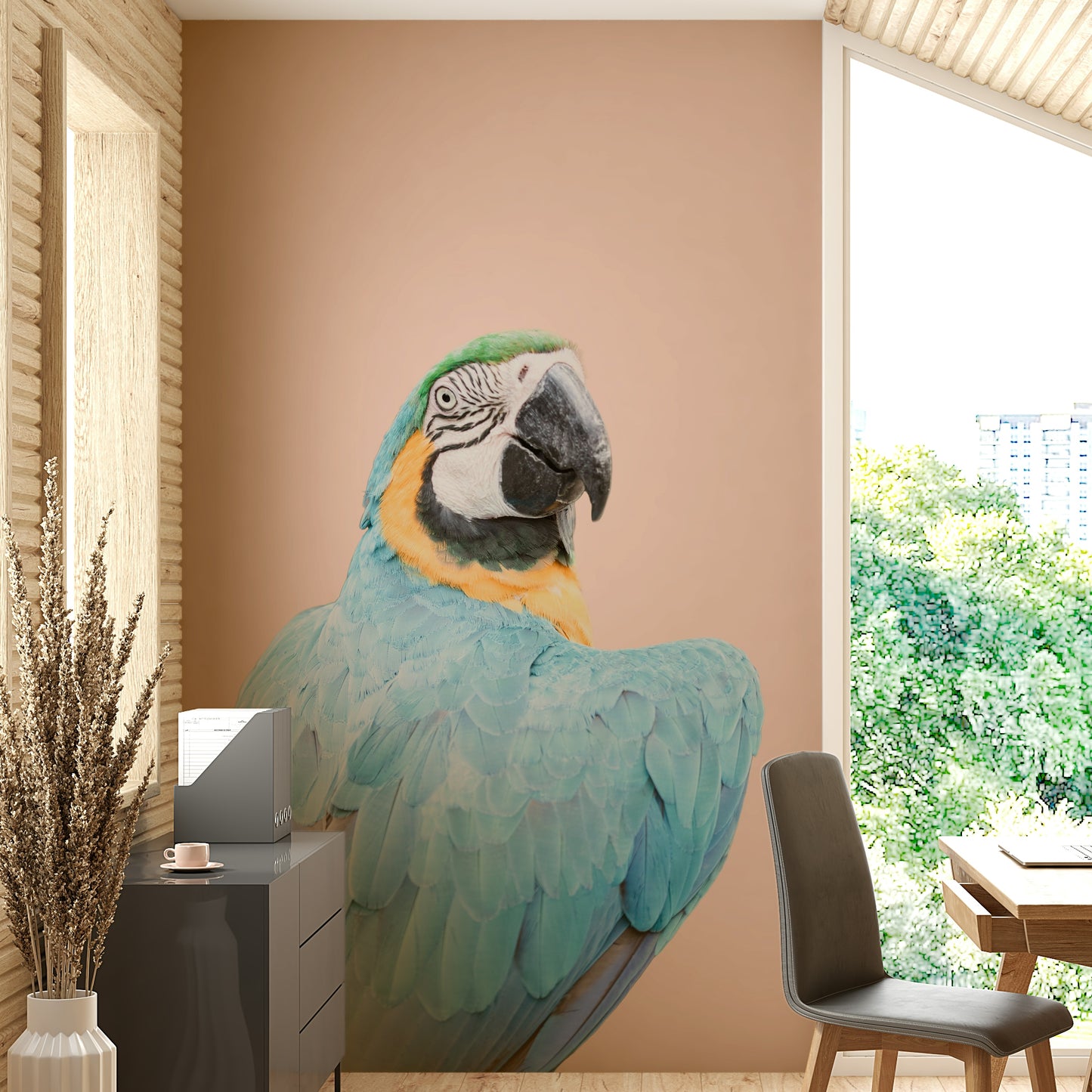 Decorative mural with majestic blue macaw artwork

