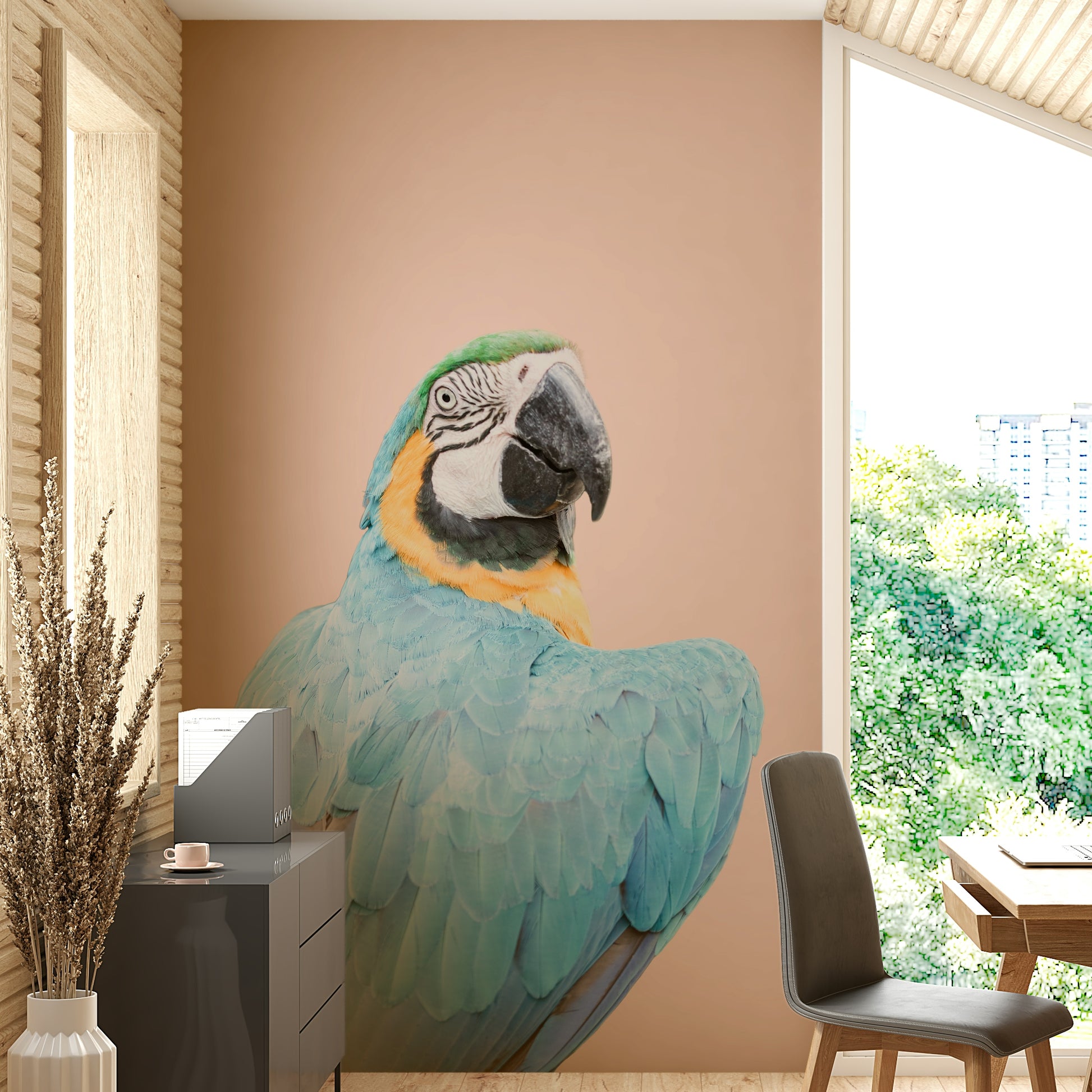 Decorative mural with majestic blue macaw artwork

