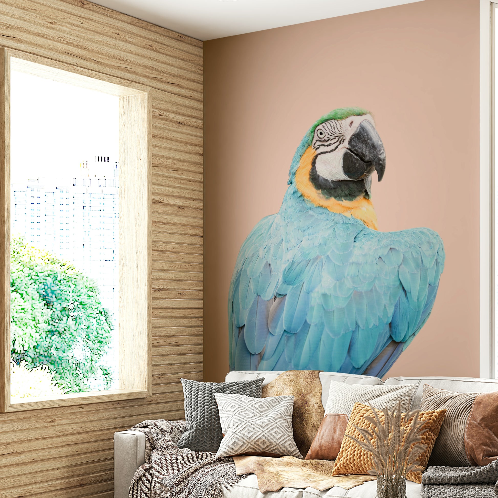 Blue macaw bird mural with lush botanical elements

