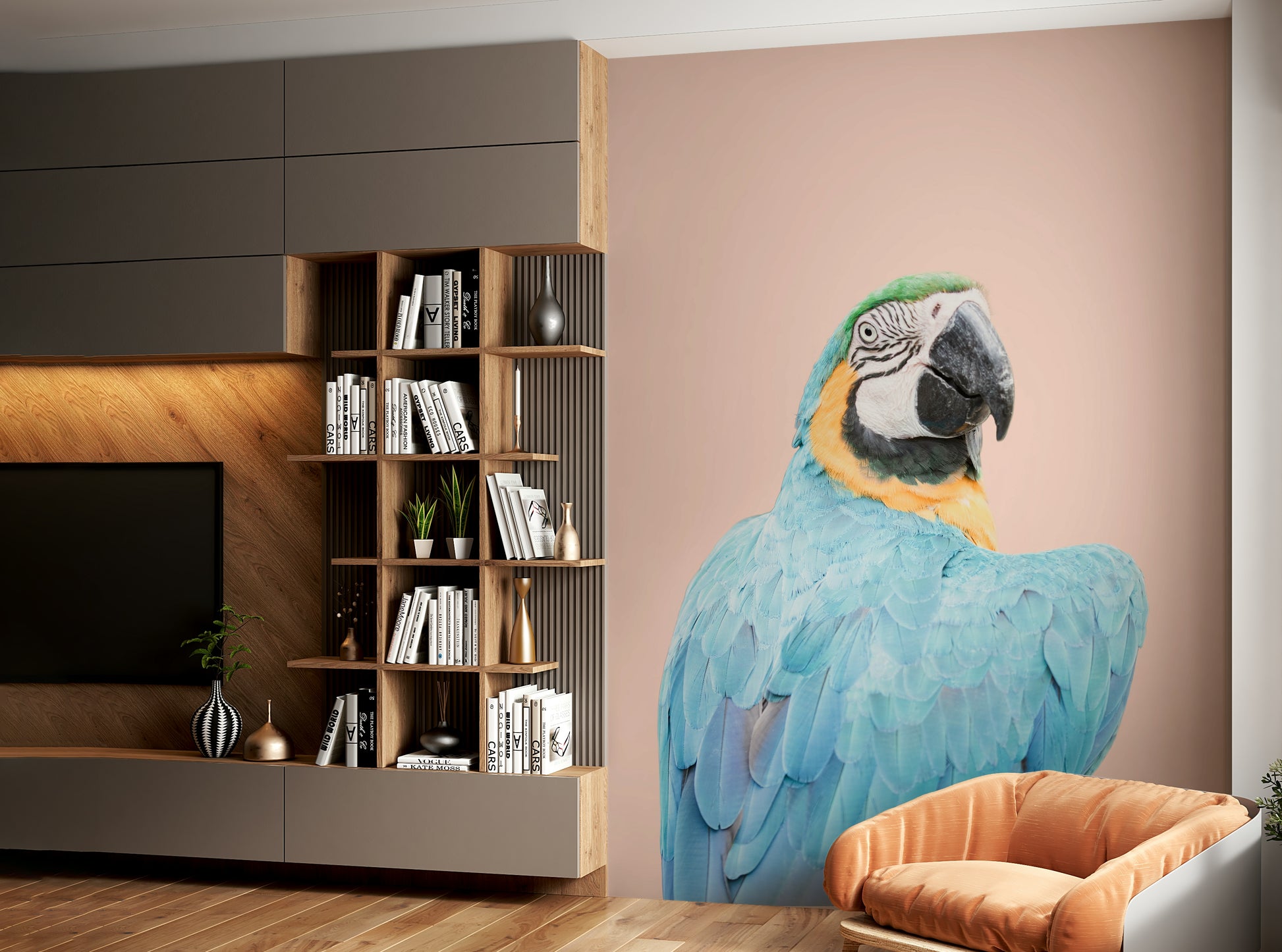 Tropical bird mural featuring a striking blue macaw

