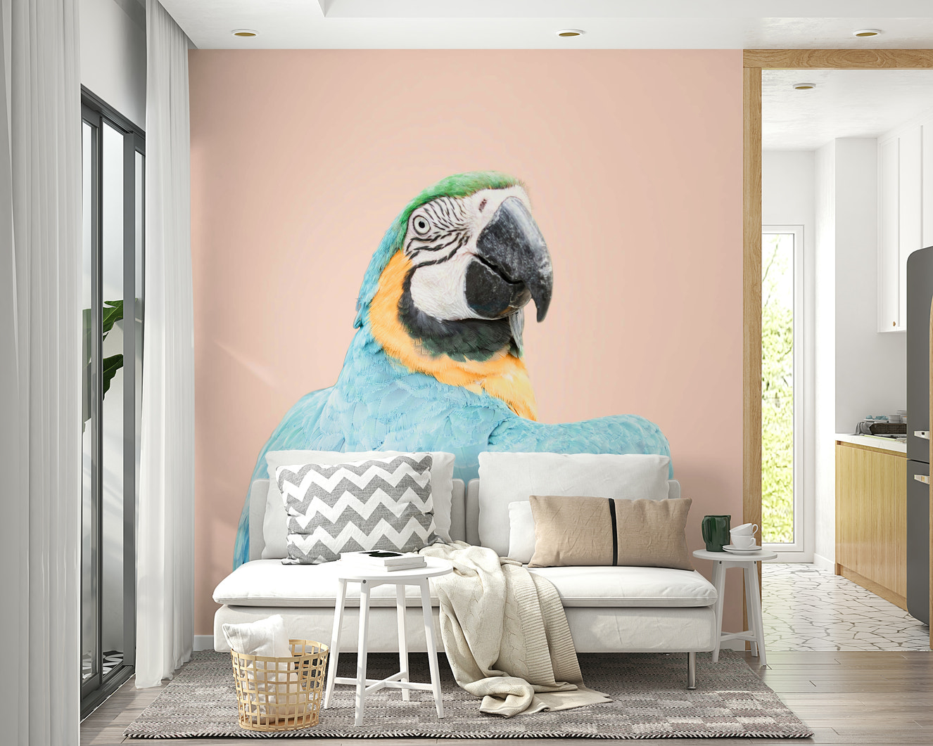 Blue macaw wall mural with tropical jungle background

