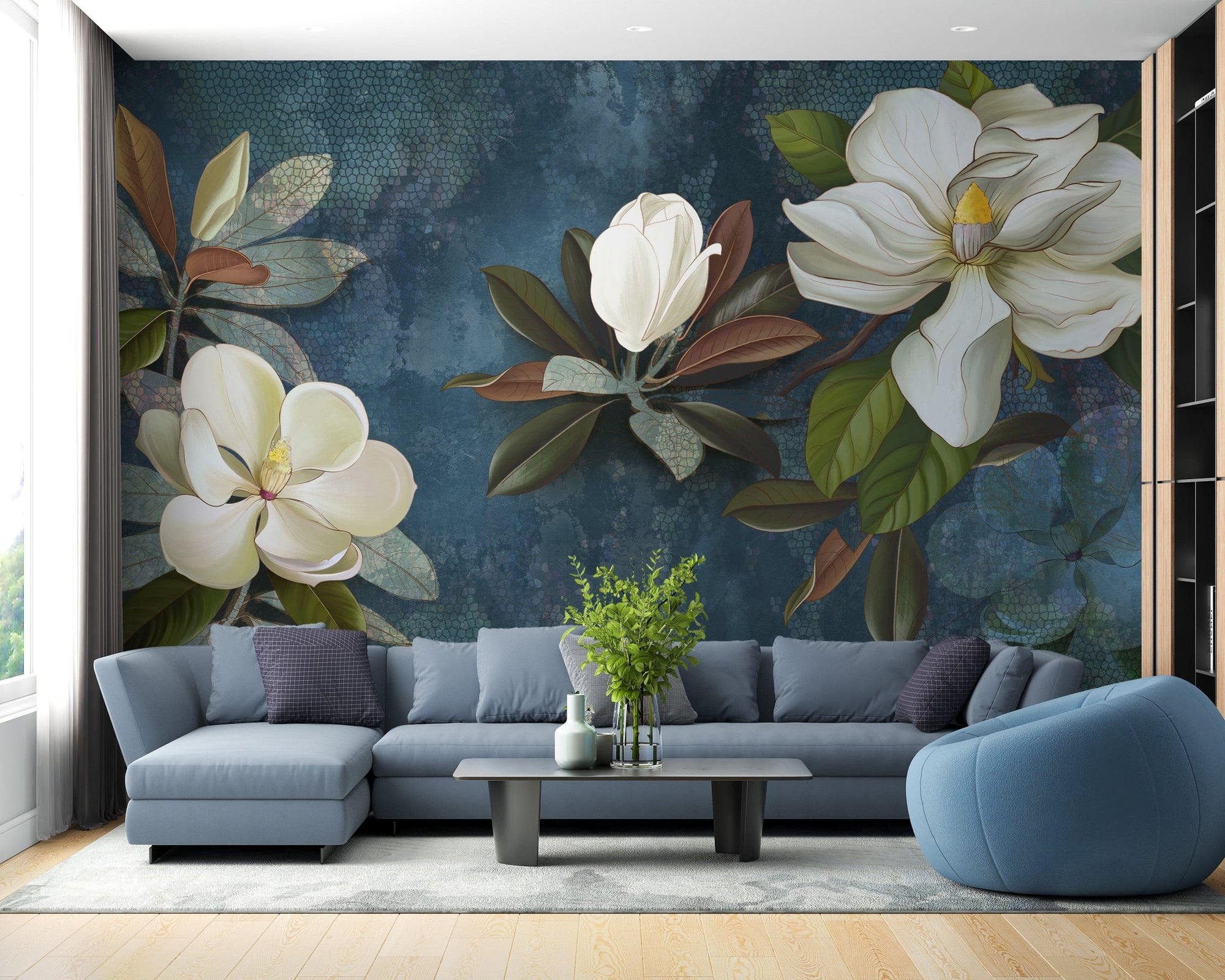 Blue magnolia mural for living spaces
A630