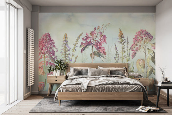Wild flowers meadows blue wallpaper mural for a serene room ambiance. DTIL18