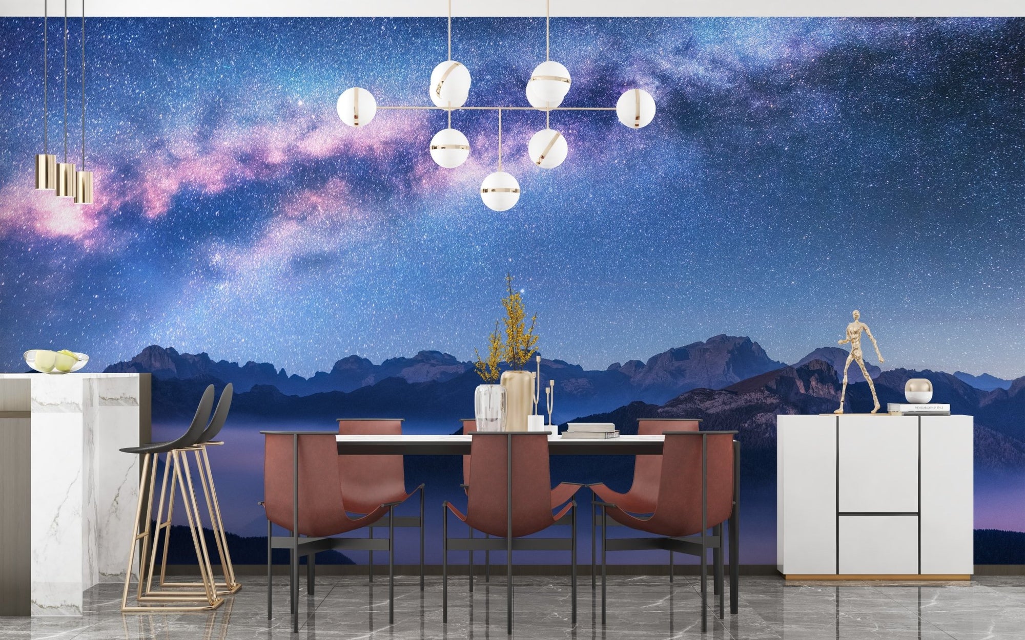 Starry Milky Way mural with foggy hills
A224
