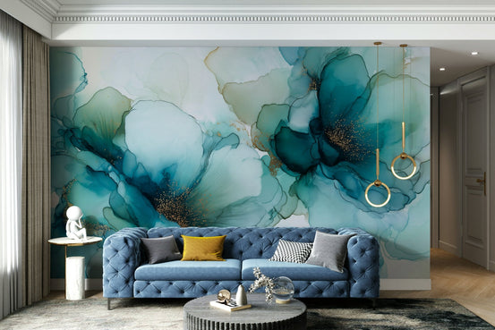 Blue Mist Ink Flowers Wall Mural, GD2632