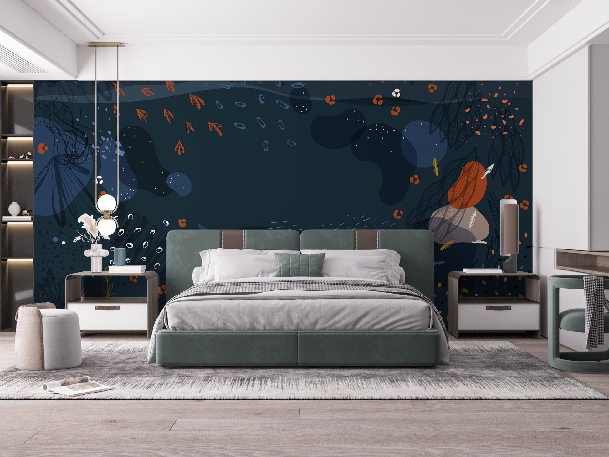Blue Modern Abstract Floral Wallpaper Mural - Giffywalls, A179