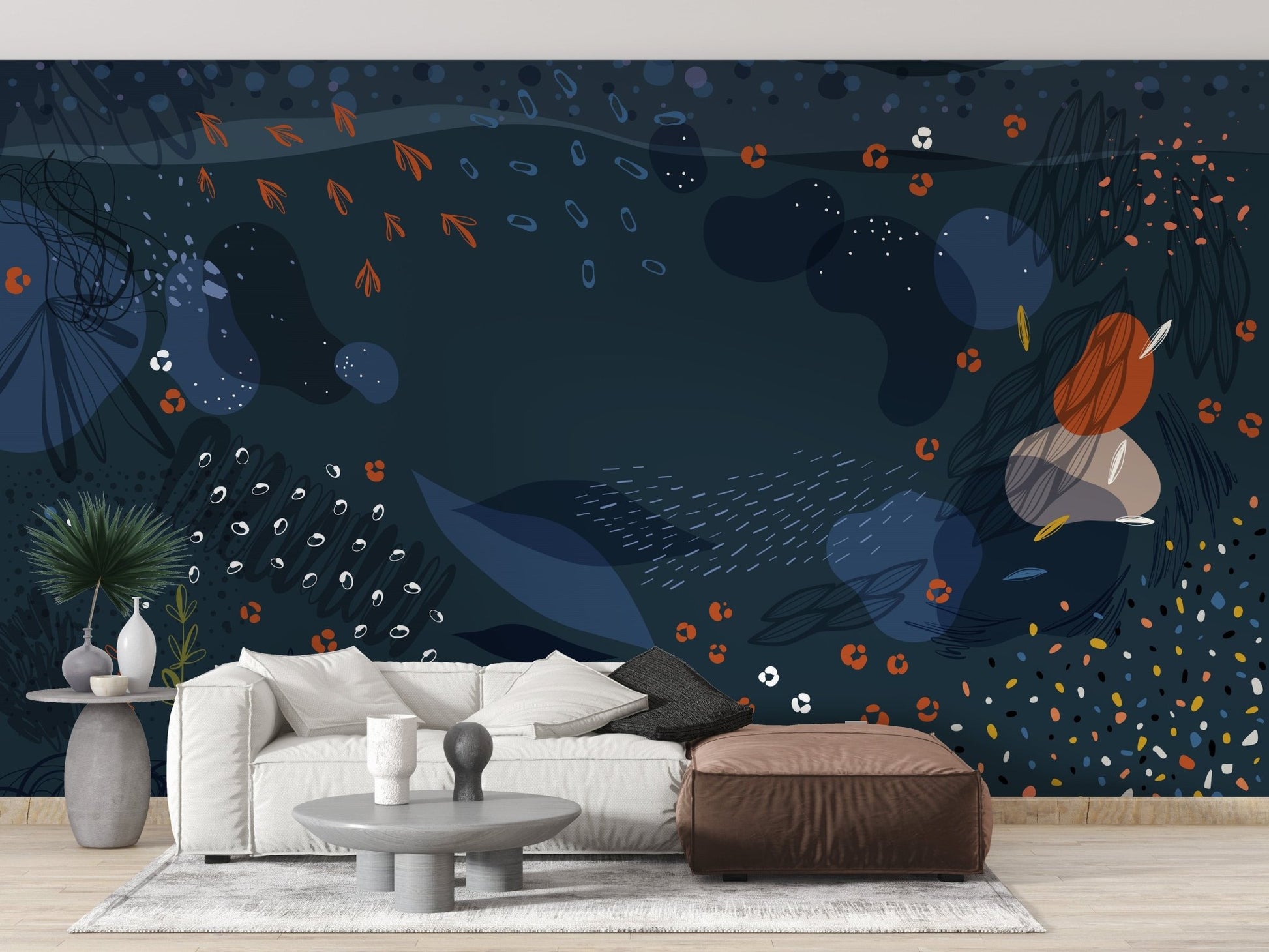 Blue Modern Abstract Floral Wallpaper Mural, A179