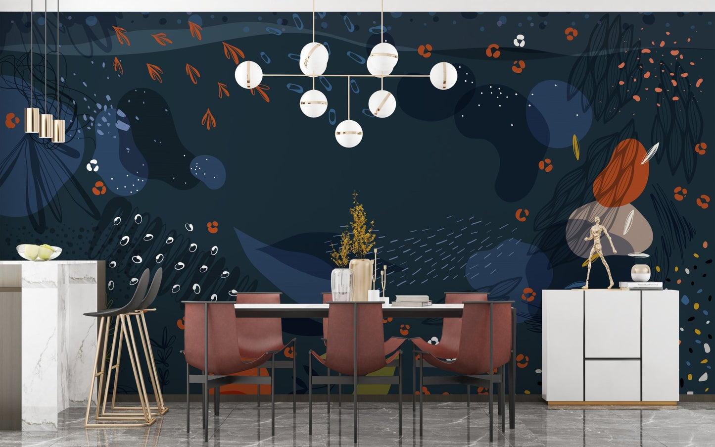 Modern blue floral wallpaper mural for interiors, A179