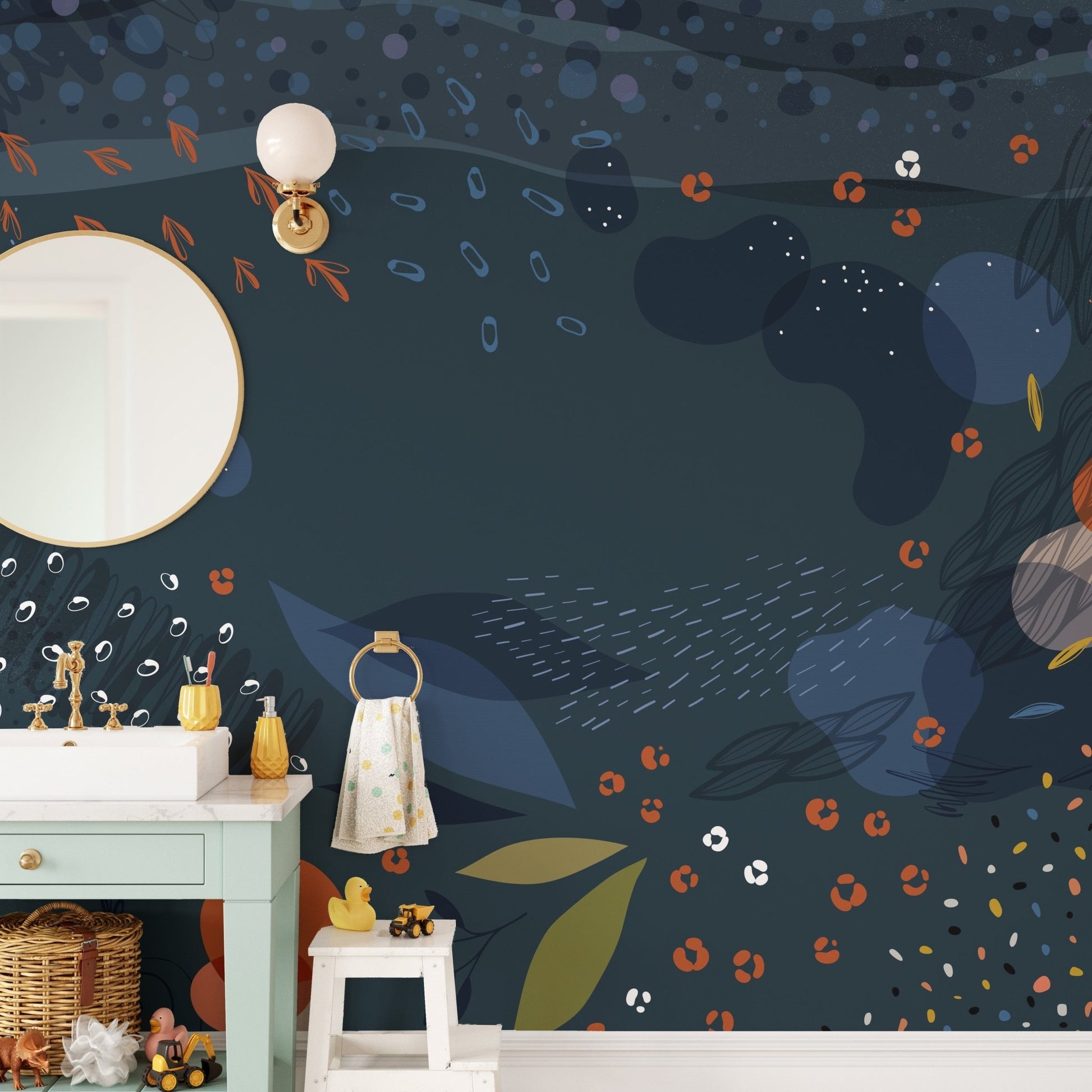 Modern blue abstract floral wallpaper mural design, A179