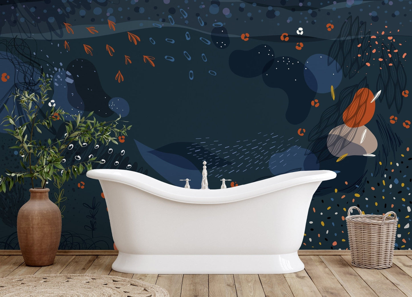 Abstract blue floral art wallpaper mural, A179