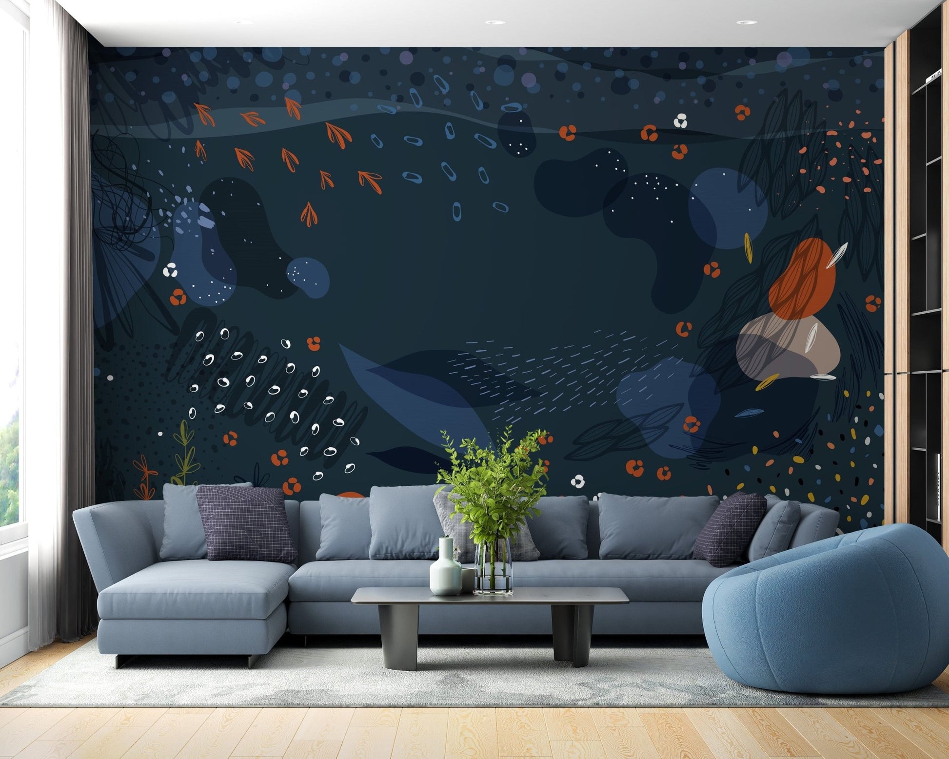Blue modern abstract floral wallpaper mural, A179